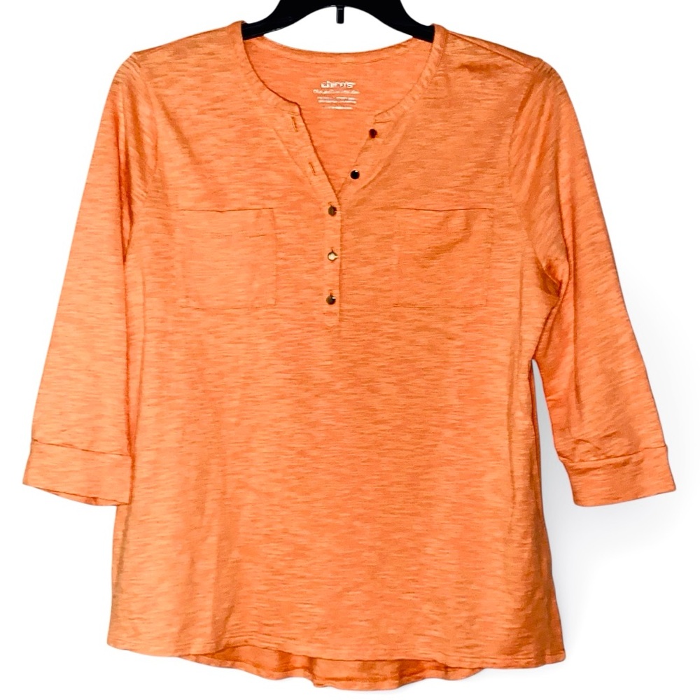 Chico's The Ultimate Tee Womens L Pullover Top Half-Button Gold Accents Pockets